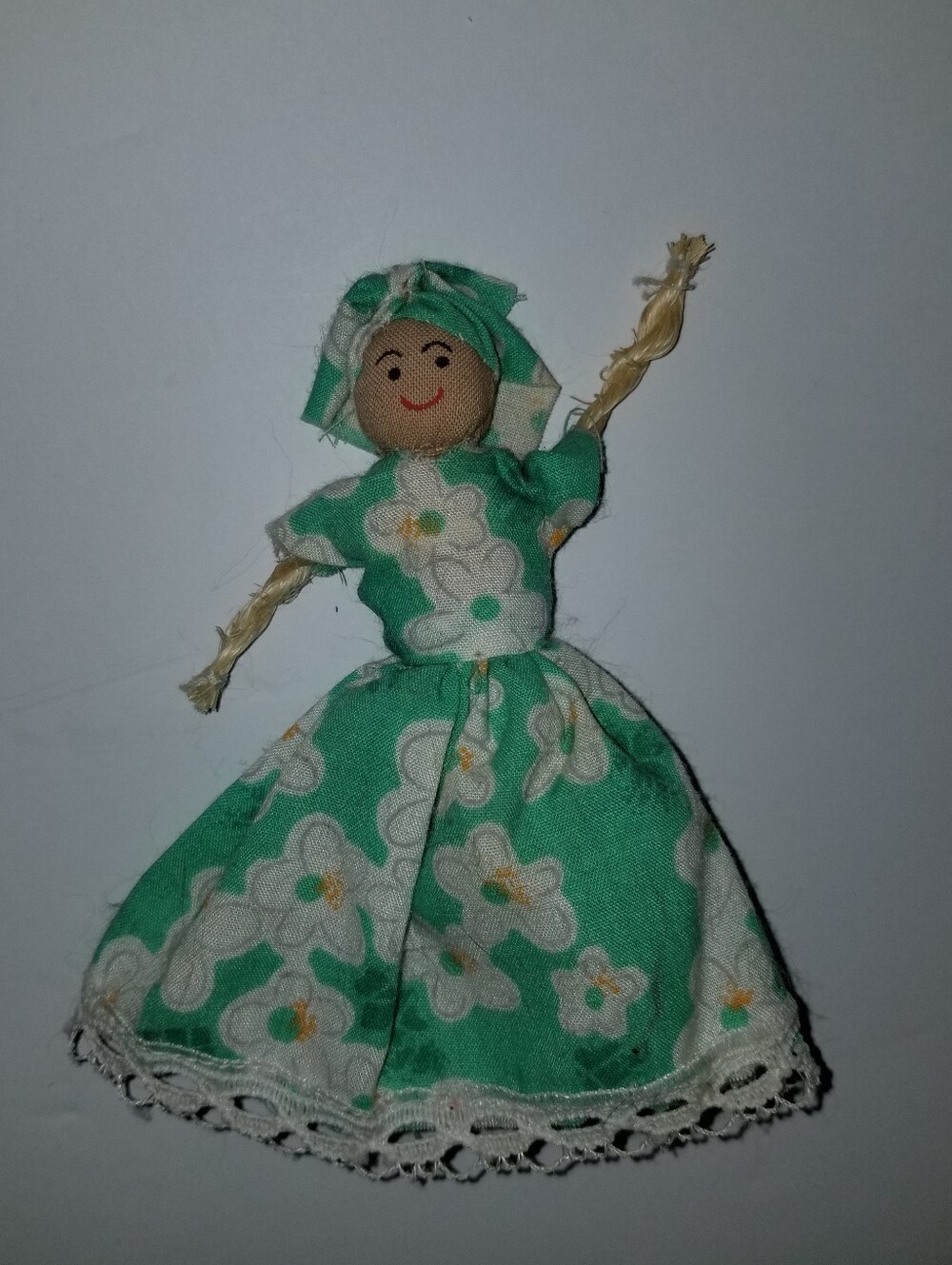 Handcrafted Green Floral Fabric Straw Doll Home Accent